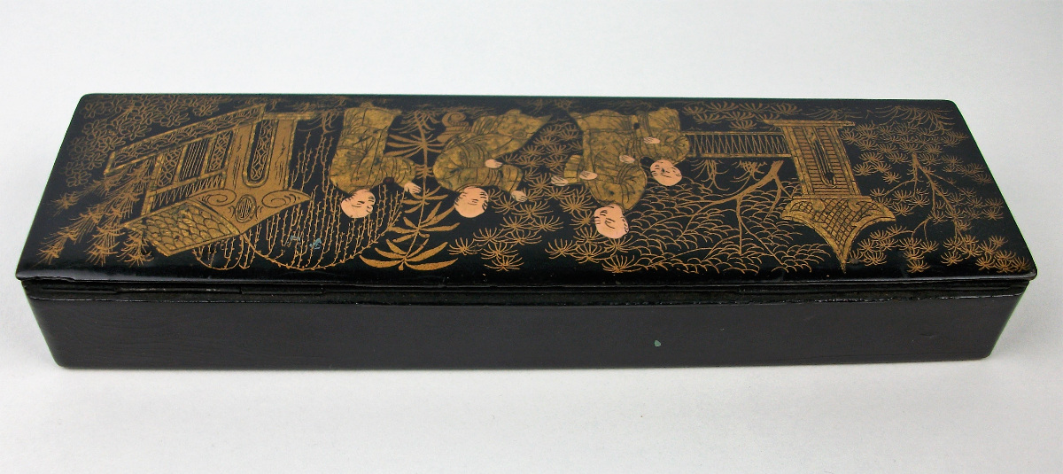 Antique Japanese Hand-Painted Black Lacquer Pencil Box Papier Mache Chinoiserie